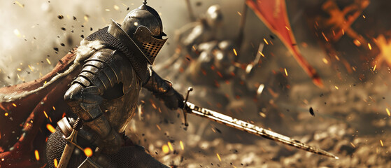 A Chivalrous warrior Knight in chain and plate mail armor is engaged in combat on the battlefield.