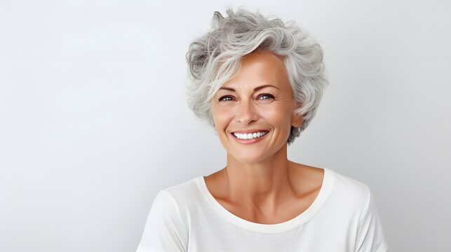 Attractive mature senior woman isolated on a grey background