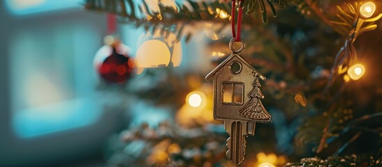 House key on Christmas tree, New Year gift, real estate.