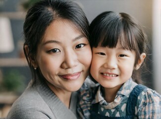 Asian mother with child, closeup portrait