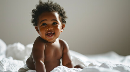 Cheerful baby sitting up on a white blanket, smiling widely, and exuding joy and innocence. - obrazy, fototapety, plakaty