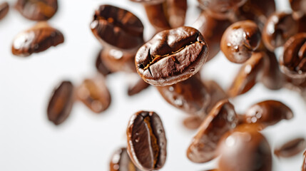 Fototapeta premium Close-up of scattered roasted coffee beans on a white background, with a central bean in sharp focus.