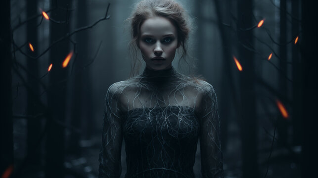 Frau im Kleid bei Nacht im Wald. Kalte, sehr d&uuml;stere, mysteri&ouml;se Atmosph&auml;re mit Nebel. Lichtfunken. Fotorealistische Illustration