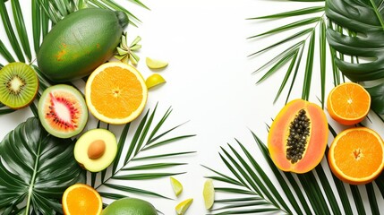 Tropical fruit and palm leaf on white background. Top down view

