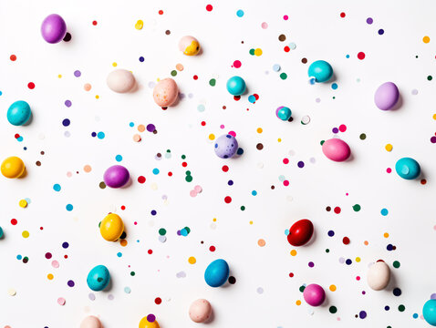a group of colorful eggs and confetti