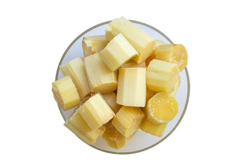 Sugarcane stick Pieces in a bowl with transparent background. 