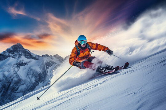 A man in an orange suit and glasses skis slalom with a stunning view of the winter mountains in the rays of the setting sun
