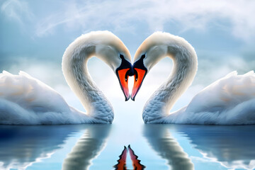 Liebende Eleganz: Ein zauberhaftes Bild von verliebten Schwänen, die ihre Zuneigung in romantischer Harmonie am Wasser ausdrücken, eine idyllische Szene der tierischen Liebe.