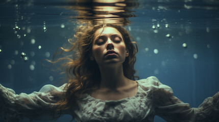 Obraz na płótnie Canvas Portrait einer Frau mit geschlossenen Augen unter Wasser mit Luftblasen. Reflexionen an der Oberfläche. Konzept: Entrückung und Gefühlstiefe. Surreale Illustration in kühlen Farben