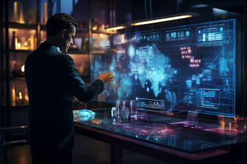 Data, virtual screen and business man using touchscreen technology dashboard to work at desk. Futuristic desktop design in corporate agency for professional data projection of graphs analytics.