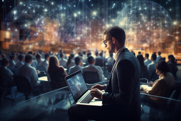 Futuristic, AI and businessman, cyber data and connectivity, iot overlay and technology innovation. Digital transformation, tech analytics and mockup space, web dashboard and internet holographic