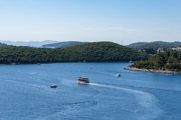 Scenic view of small islands and boats around Korcula town in Croatia