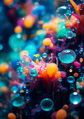 Colorful bubbles on a coral reef, macro shot with shallow depth of field