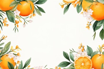 watercolor template floral picture frame of orange fruits with flowers and leaves on white background - obrazy, fototapety, plakaty