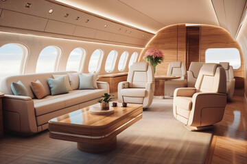 Cabin of private jet. The interior of the plane in which the president of the country is...