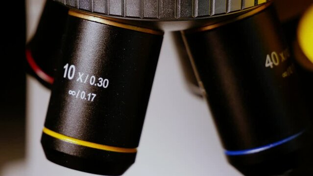Biologist in a genetic engineering lab. A research project to create new life forms. The process of working on scientific equipment. Microscope