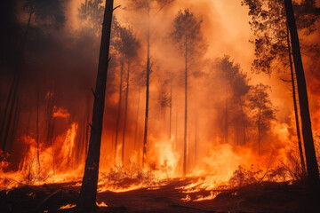 Forest Fire. Aerial view of massive wildfire or forest fire with burning trees and orange smoke.