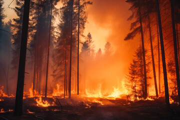 Forest Fire. Aerial view of massive wildfire or forest fire with burning trees and orange smoke.