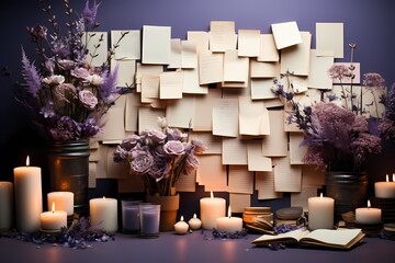 Immaculate composition of assorted sticky notes forming a border around an open planner, set against a serene lavender background