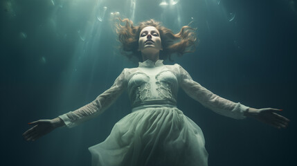 Frau im Vintage-Kleid und mit geschlossenen Augen unter Wasser. Lichtreflexe an der Oberfläche. Konzept: Entrückung und Gefühlstiefe. Surreale Illustration in kühlen Farben, Ätherische Stimmung