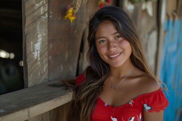 Fototapeta premium a young indigenous peruvian woman wearing a red dress in the streets of cusco, peru