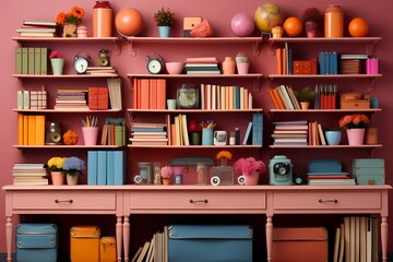 Impeccably organized array of school supplies, with an inviting blank space at the center, against a muted pink backdrop