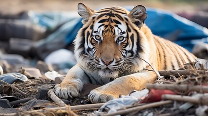 Tiger perched on trash pile, representing the struggle against environmental pollution