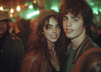 Young Couple in Brown Leather Jackets Enjoying a Night Out

