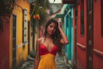 Naklejka premium peruvian young woman wearing a red dress smiling to camera in the streets