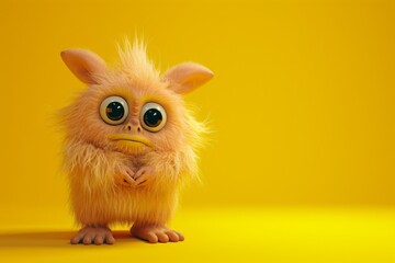 a cute yellow furry fluffy creature in yellow background with copy space