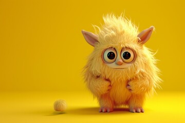 Fototapeta premium a cute yellow furry fluffy creature in yellow background with copy space