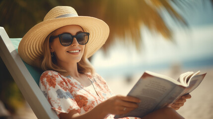 woman reading a book on the beach - obrazy, fototapety, plakaty