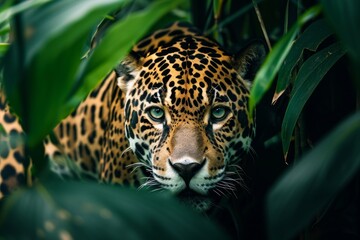 a jaguar merging from the vegetation in the amazonas jungle  - obrazy, fototapety, plakaty