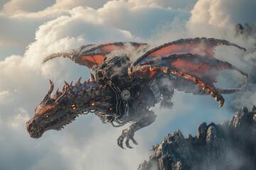 a mechanical dragon flying in the sky