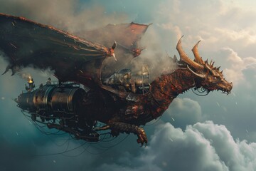 a mechanical dragon flying in the sky - obrazy, fototapety, plakaty