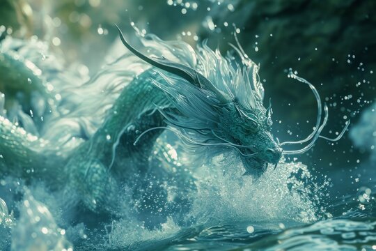 a mithological water dragon flowing in the river
