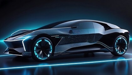 Obraz premium Picture of a futuristic electric black car with a holographic wireframe digital technology background.