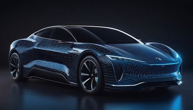 Picture of a futuristic electric black car with a holographic wireframe digital technology background.