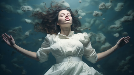 Frau in weißem Kleid schwebt im Wasser. Mit ausgebreiteten Armen. Im Hintergrund wolkenartige /schwammartige Strukturen. Surreale Illustration mit traumhafter ruhiger Stimmung. - obrazy, fototapety, plakaty