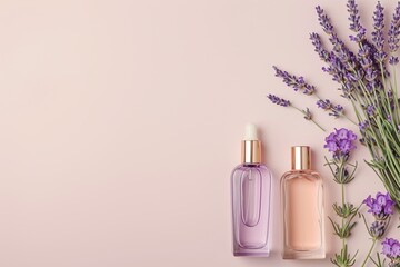 Obraz na płótnie Canvas Elegant flat lay of body oils and perfume bottles with lavender sprigs on a pastel background, minimalist style