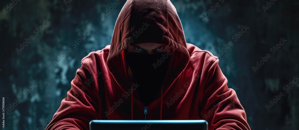 Poster masked and hooded hacker, hacking accounts.