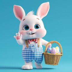 easter bunny with basket of eggs, 3d style cartoon character illustration