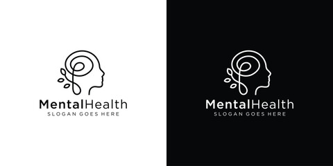 Creative Mental Health Logo. Head Human Mind with Leaf Tree Nature with Linear Outline Style. Therapy Psychology Logo Icon Symbol Vector Design Template.
