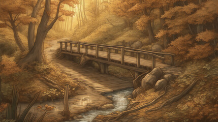 A cozy autumn forest landscape with a winding path covered in fallen leaves
