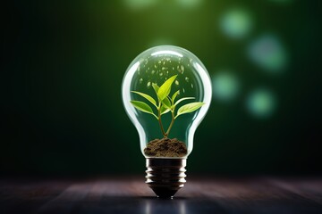 Light bulb with green sprout on blurred green background