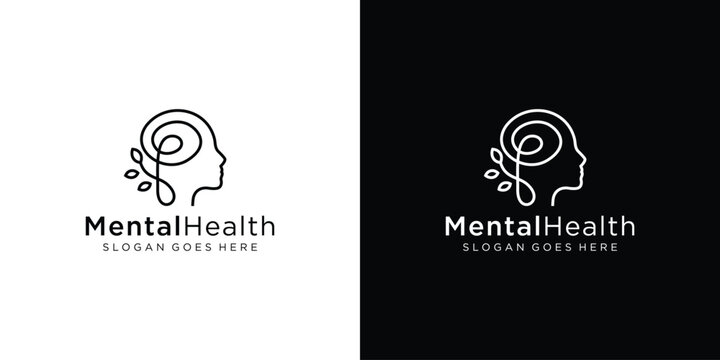 Creative Mental Health Logo. Head Human Mind with Leaf Tree Nature with Linear Outline Style. Therapy Psychology Logo Icon Symbol Vector Design Template.