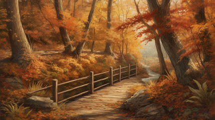 A cozy autumn forest landscape with a winding path covered in fallen leaves, sunlight streaming through the colorful canopy, a small wooden bridge over a babbling brook