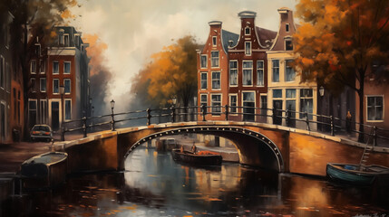 A historic canal scene in Amsterdam, Netherlands, picturesque bridges, traditional Dutch architecture, and boats drifting along the water
