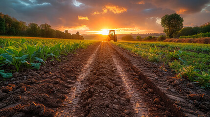 green tractor plowing cereal field with sky with clouds