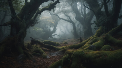 A mist-covered ancient forest landscape, towering trees with twisted branches